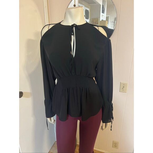 Allsaints Black Cold Shoulder Tie Sleeve Blouse S/M - Picture 1 of 6
